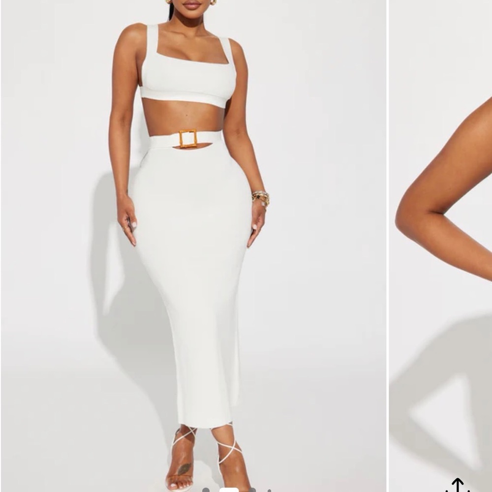 Fashion Nova White Midi Pencil Skirt with Gold Buckle and top